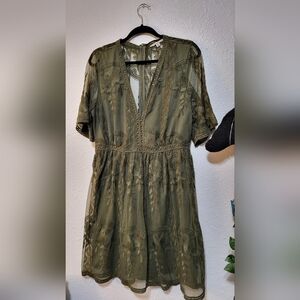 Haute Monde, Olive Midi Dress With Sheer Floral Lace Embroidery